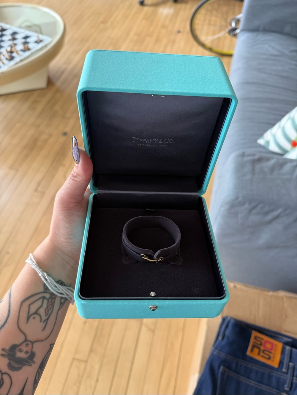Tiffany & Co. Black Leather Bracelet with Gold Hardware